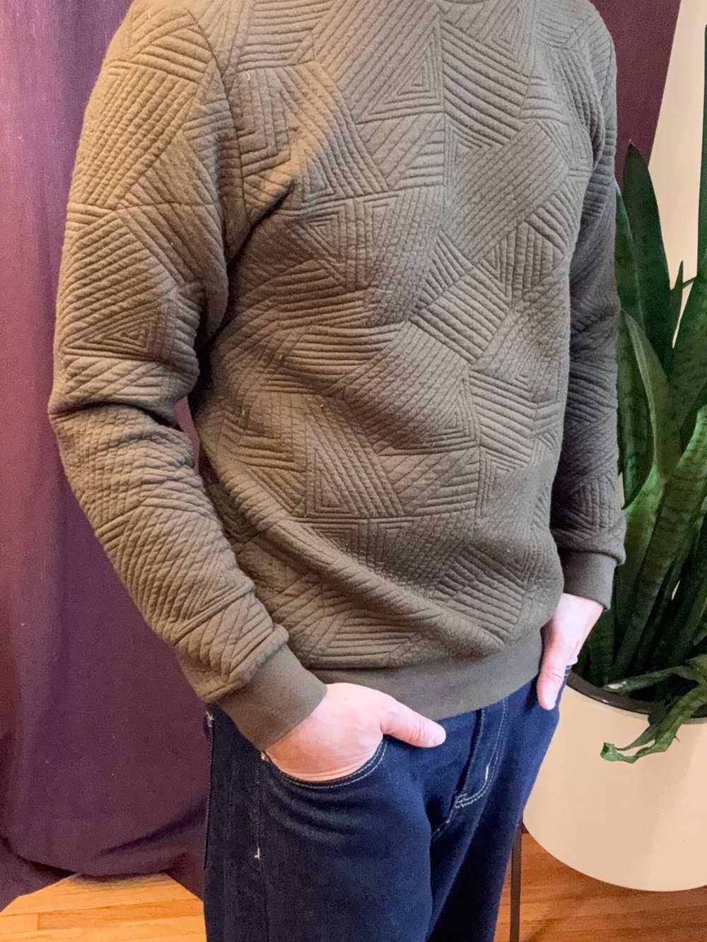Zara Men's Quilted Crewneck Sweater in Olive Green